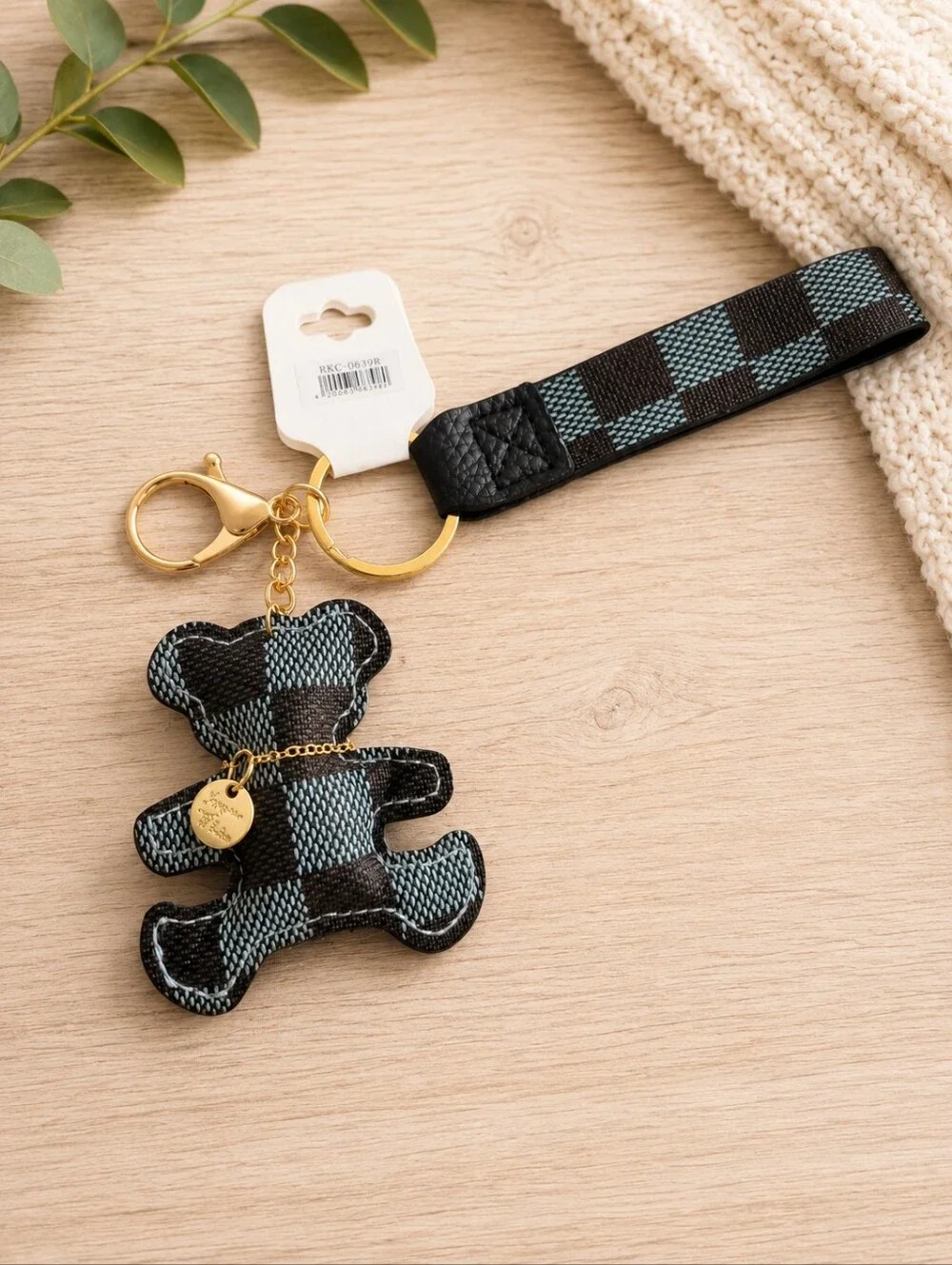 Blue and Black Check Teddy Keychain Wristlet